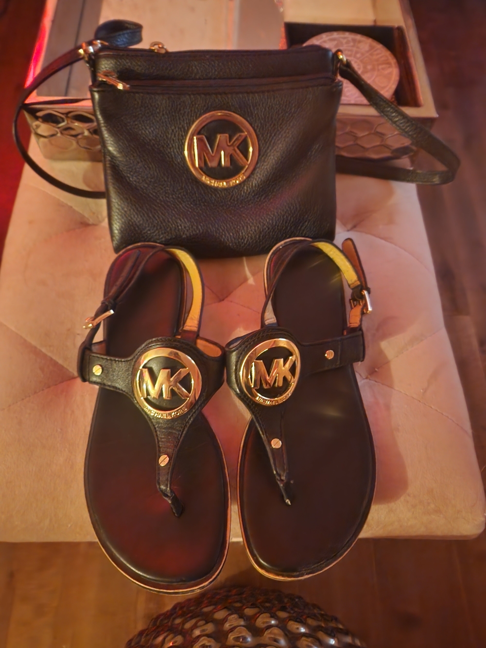 Michael Kors Black Leather T-Strap Sandals With Matching Purse